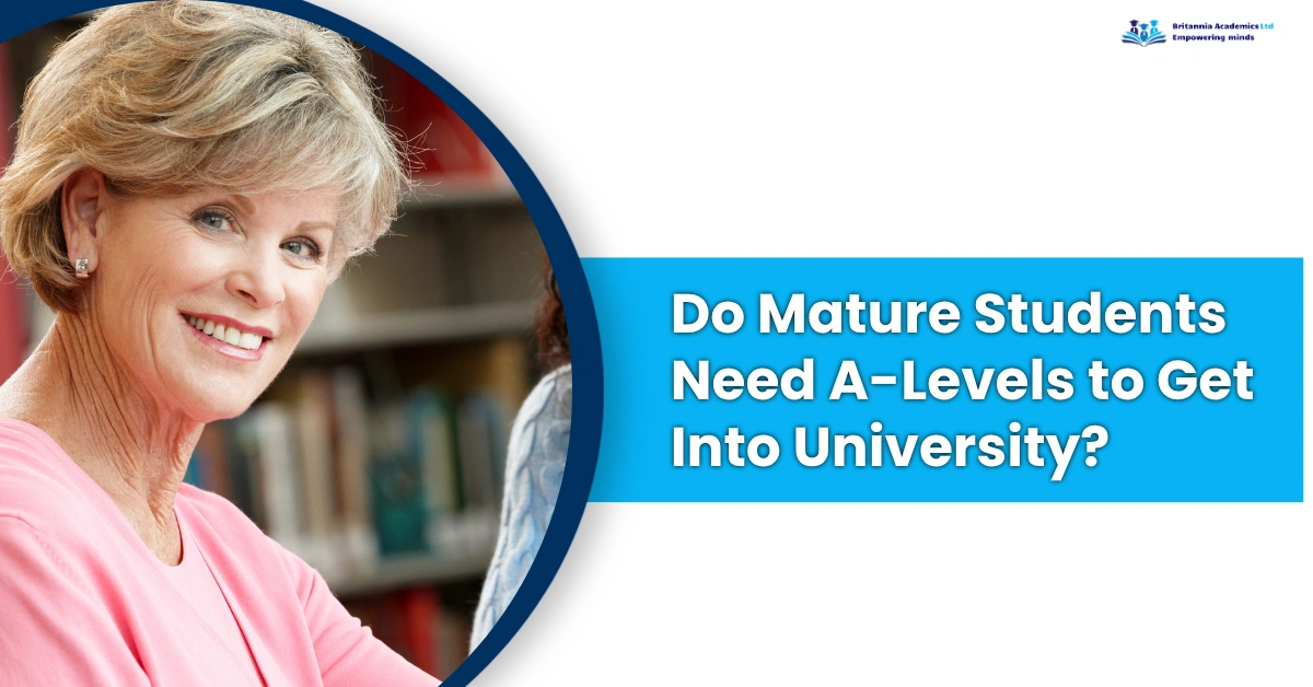 Mature female student smiling in a library setting with text “Do Mature Students Need A-Levels to Get Into University?”