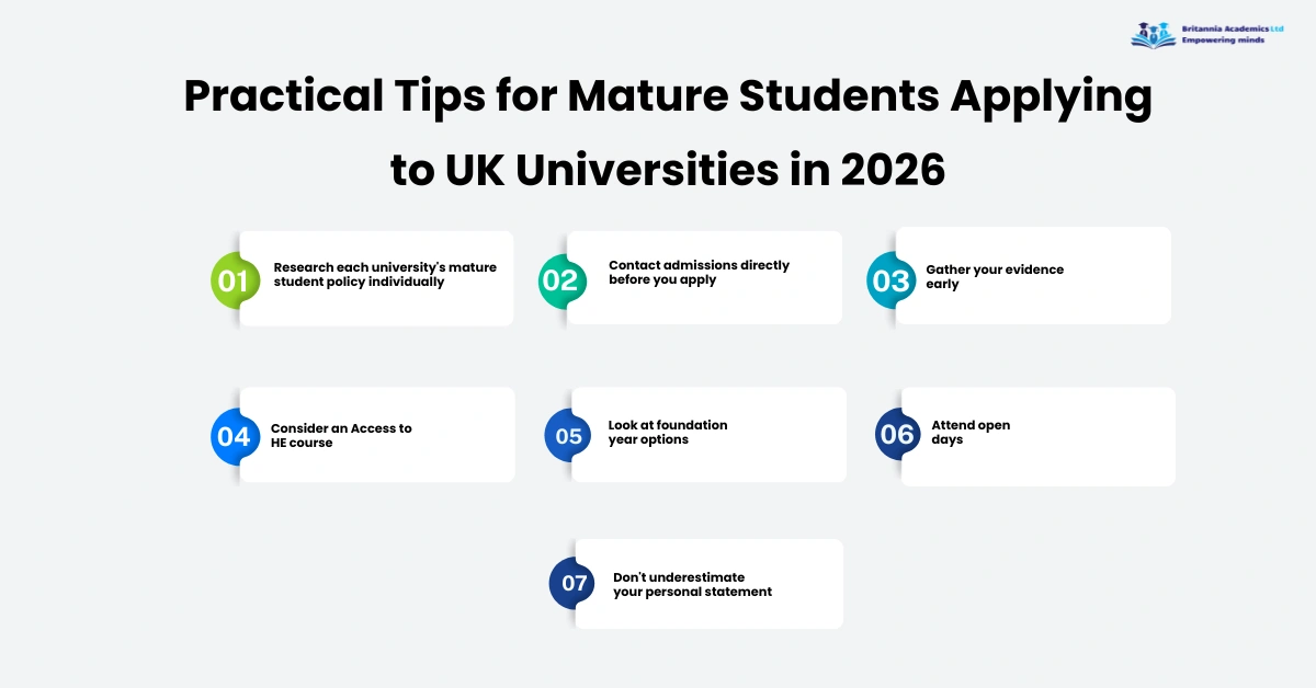 Practical tips for mature students applying to UK universities in 2026 including research, foundation courses, and personal statement guidance