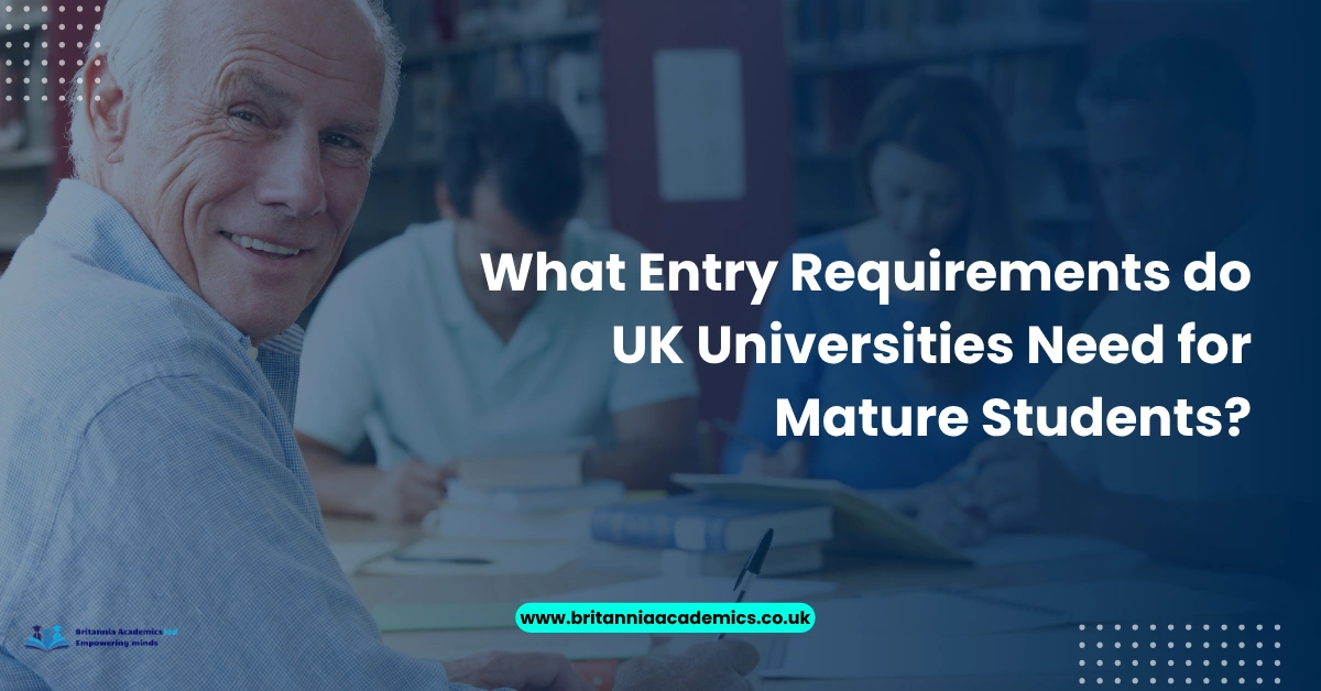 Mature student sitting in a university library classroom with text about UK university entry requirements for mature students.