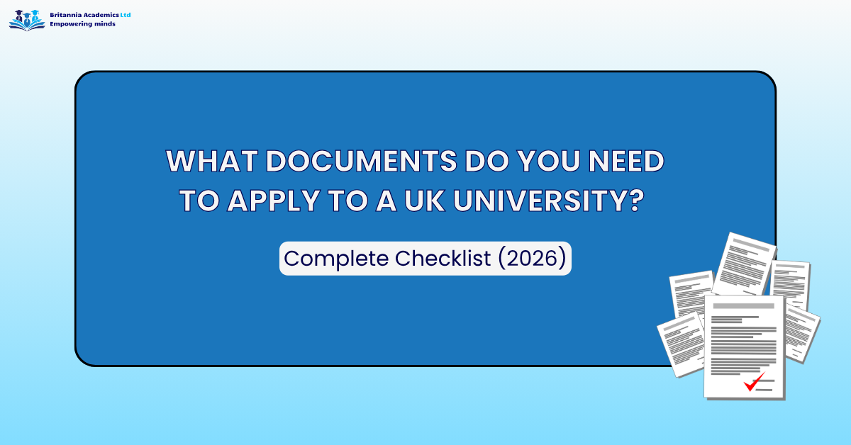 Checklist graphic showing the required documents for applying to a UK university in 2026, including academic certificates, passport, English language test results, and supporting documents.