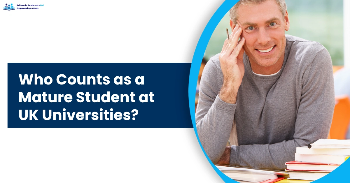 Mature student studying at a UK university with books on desk and text about mature student eligibility in UK universities.