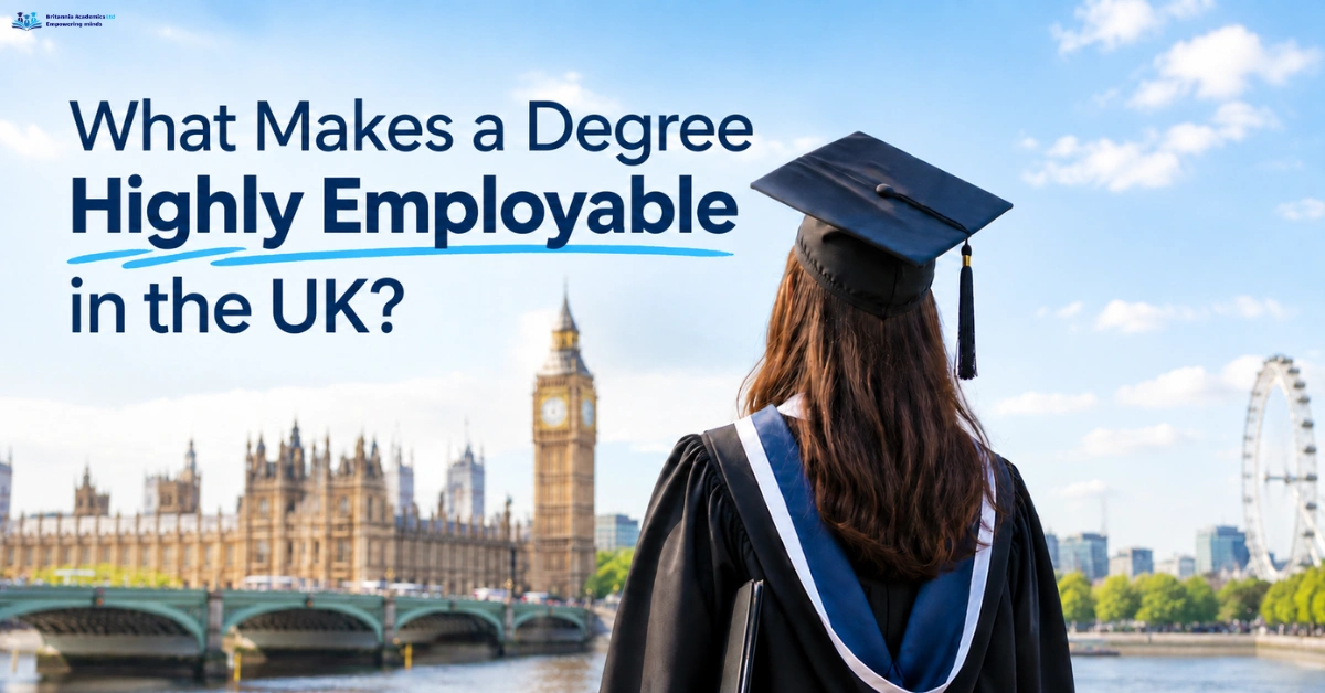 Graduate in academic attire in London illustrating what makes a degree highly employable in the UK