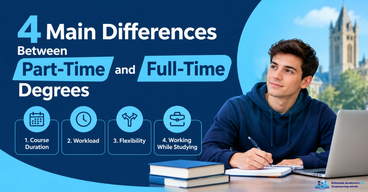 4 main differences between part-time and full-time degrees, including course duration, workload, flexibility, and working while studying, with a university student studying on a laptop.