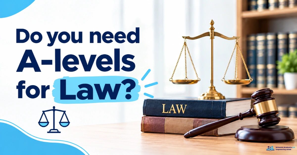 Do you need A-levels for law in the UK? Law books, scales of justice, and a judge's gavel representing legal education requirements.
