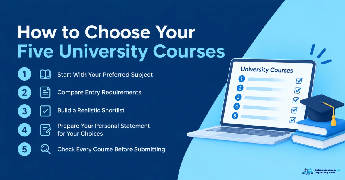 How to choose your five university courses for UCAS applications, comparing entry requirements and course options.