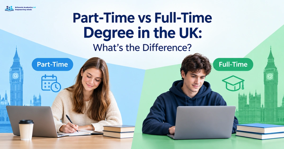 Part-time vs full-time degree in the UK, comparing a female student studying part-time and a male student studying full-time on laptops.