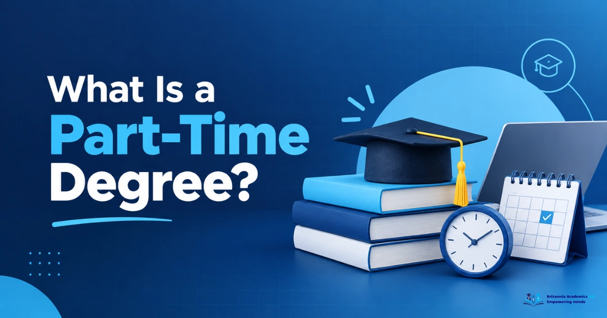 What is a part-time degree? Blue and navy educational graphic featuring a graduation cap, books, laptop, clock, and calendar.