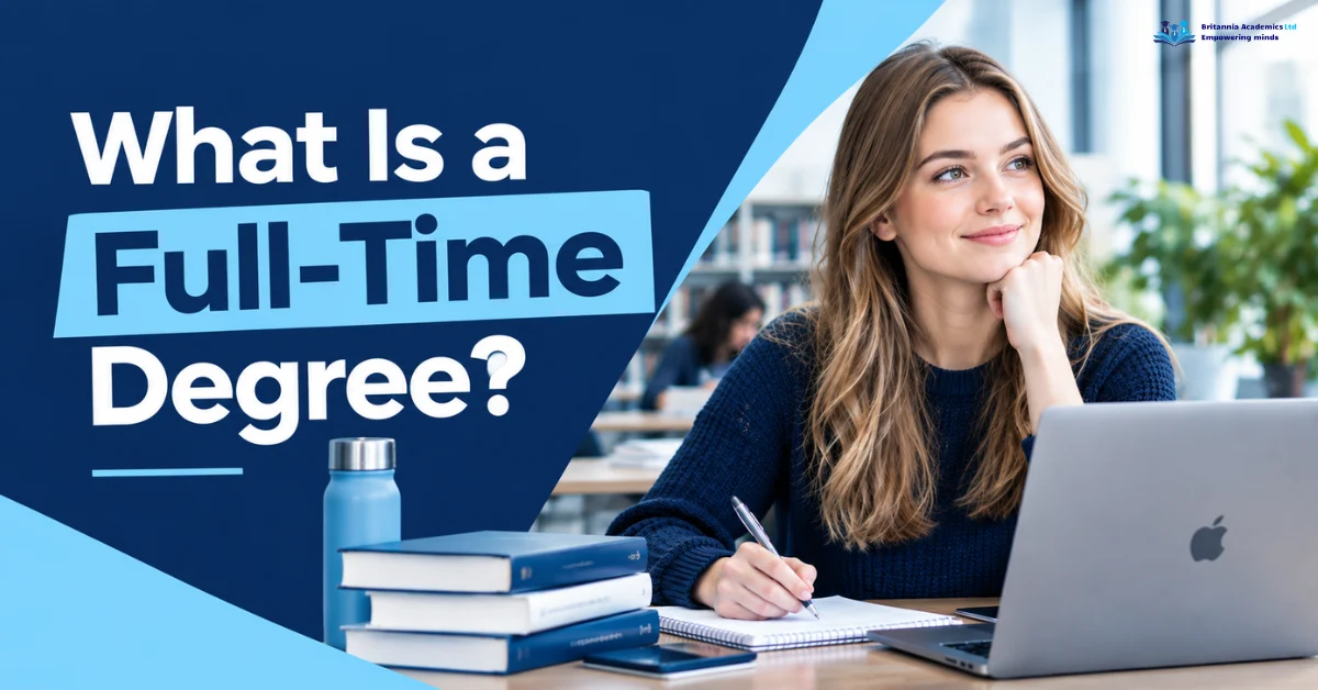 What is a full-time degree? A university student studying with a laptop, books, and notebook in a library.